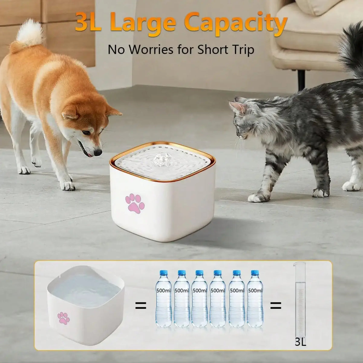 White square 3l quiet automatic pet water fountain with gold trim and pink paw print design for pets