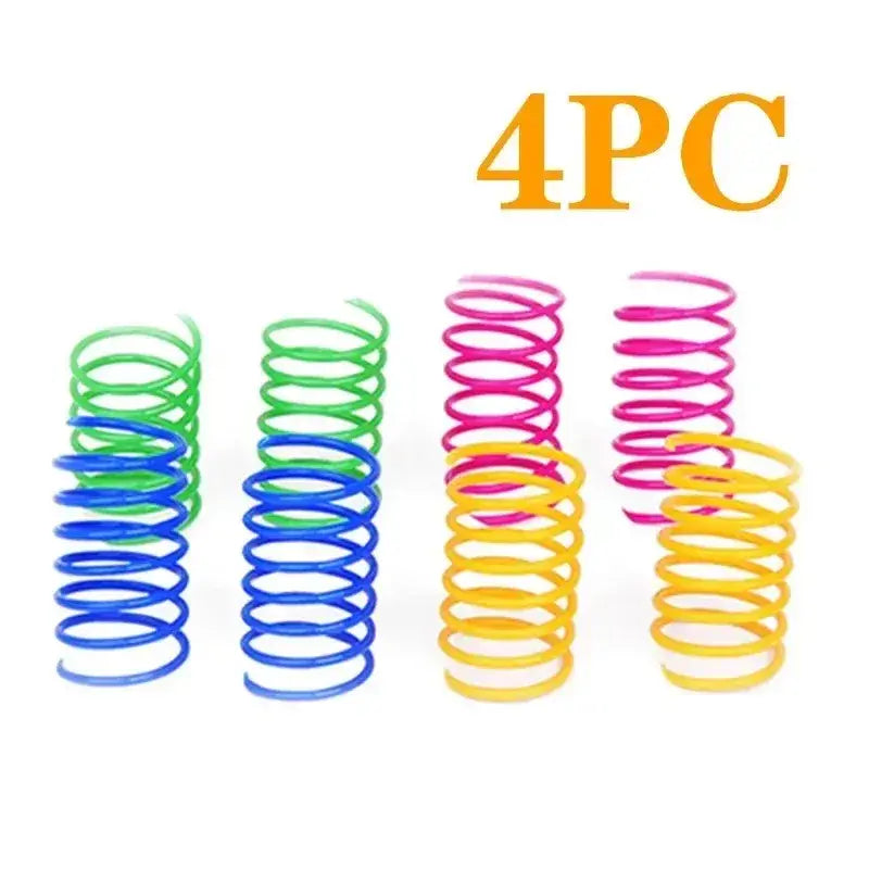 Set of four colorful plastic coil springs in green blue pink and yellow durable cat spring toys for interactive play