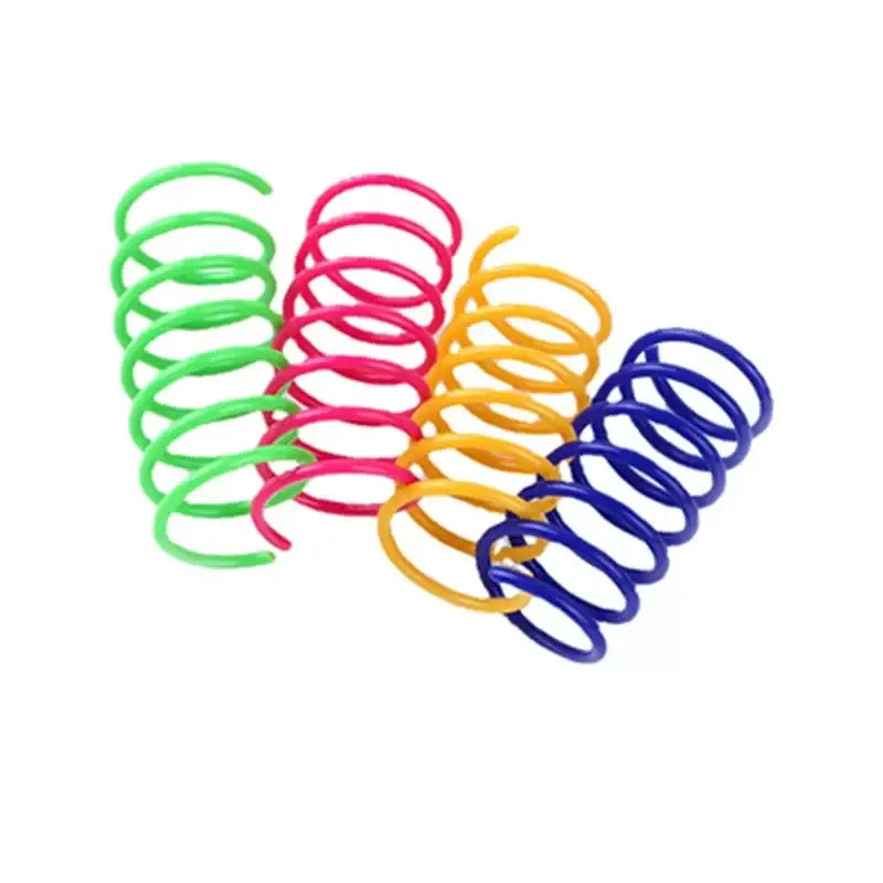 Brightly colored plastic coil springs in green pink yellow and blue for interactive durable kitten cat spring toys