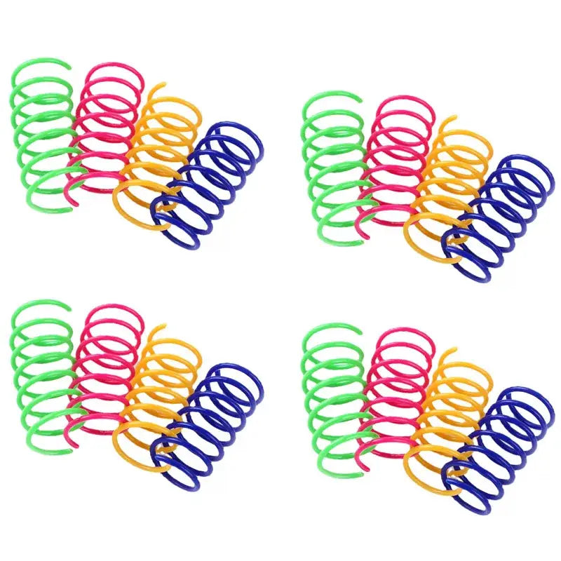 Brightly colored plastic cat spring toys in green pink yellow and blue durable interactive pet coil springs