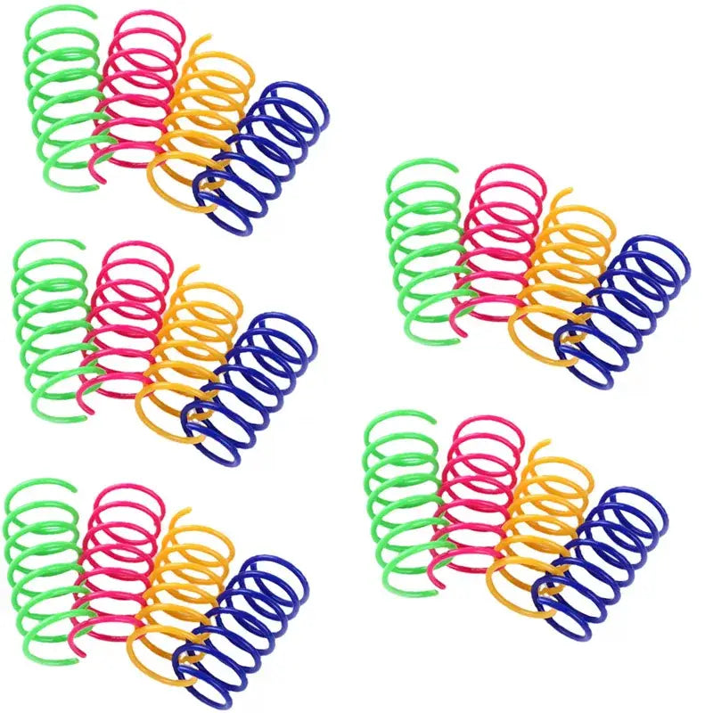 Brightly colored plastic cat spring toys in green pink yellow and blue durable interactive kitten coil springs