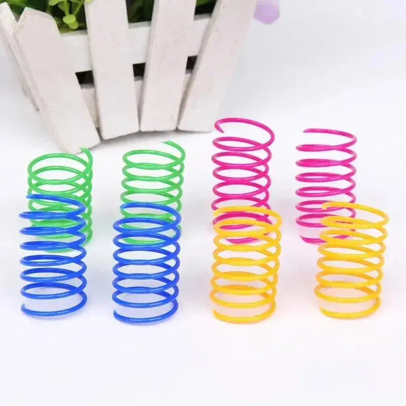 Colorful cat spring toys kit with durable green blue pink and yellow plastic coil spirals for interactive pet play