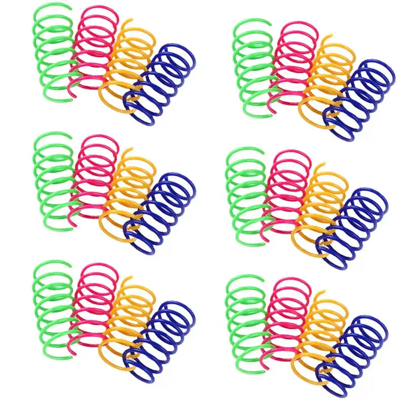 Brightly colored plastic cat spring toys in green pink yellow and blue durable interactive pet coil springs