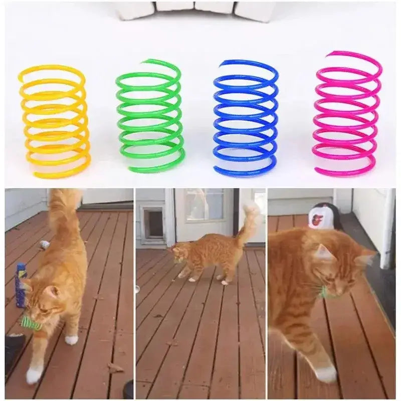 Four colorful plastic coiled spring cat toys in yellow green blue and pink for interactive pet play