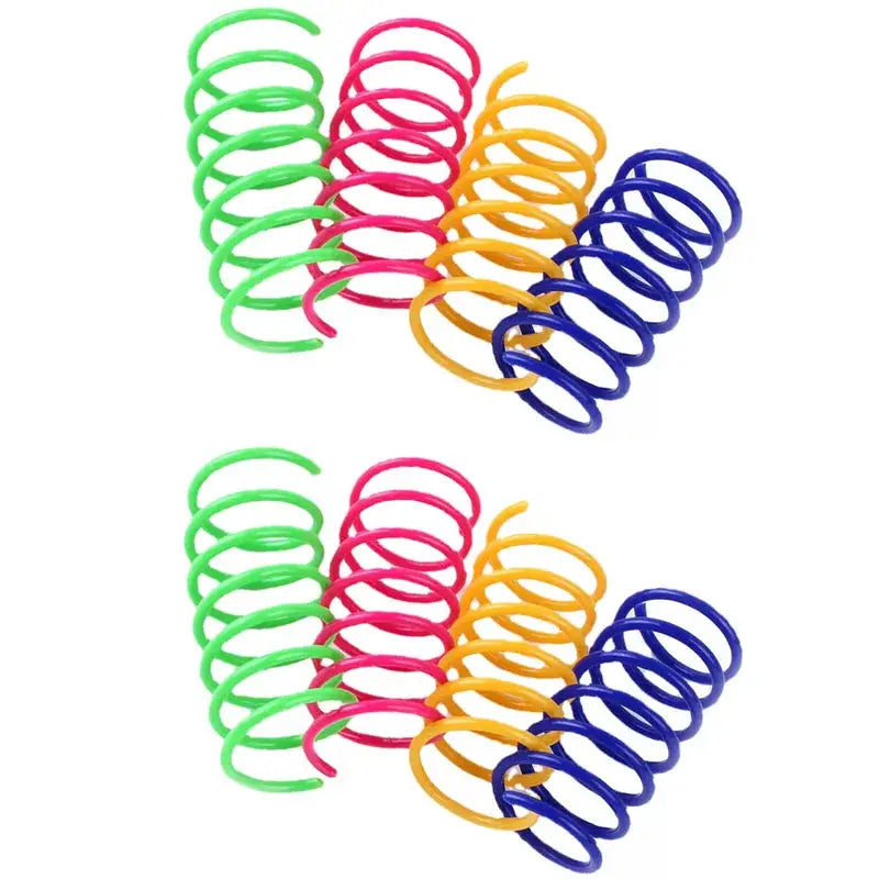 Brightly colored plastic coil springs in green pink yellow and blue durable interactive cat spring toys set