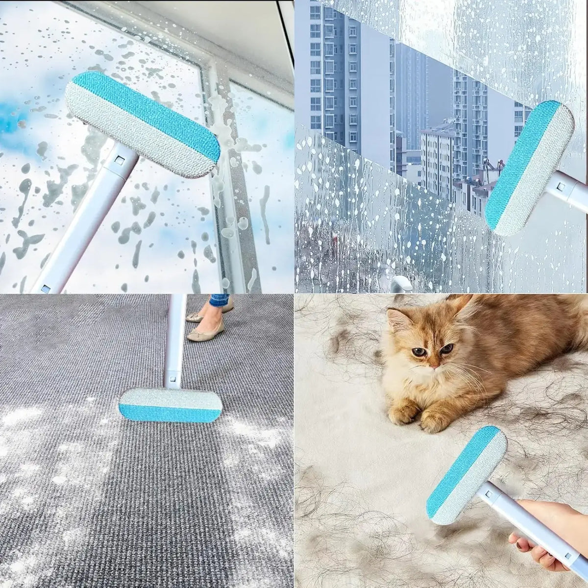 Blue and white dual-sided lint roller with sleek ergonomic handle for efficient pet hair removal and surface cleaning