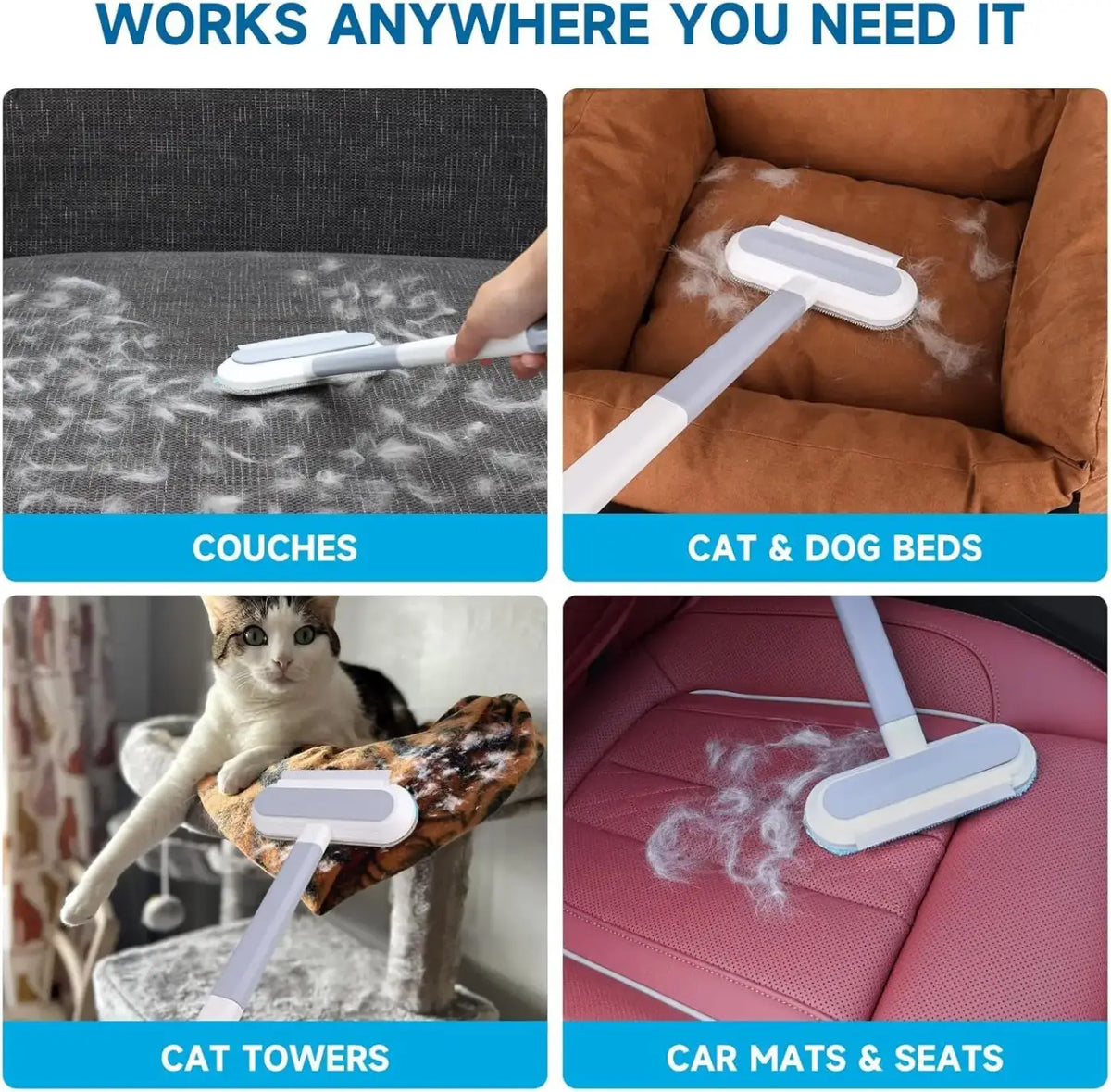 4-in-1 reusable pet hair remover tool with white and gray ergonomic handle and soft bristles for gentle grooming
