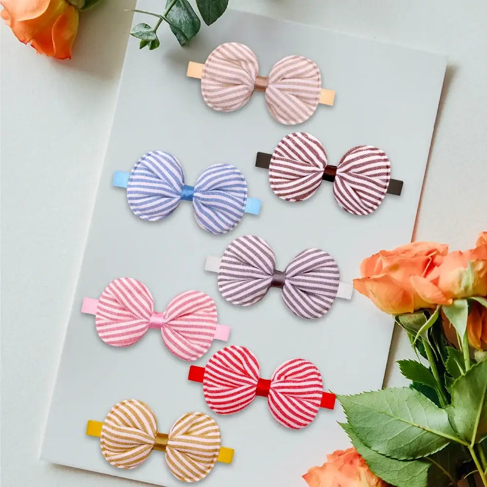 Pastel-striped fabric bow hair clips with colorful plastic clasps for small dog and cat bow tie accessories