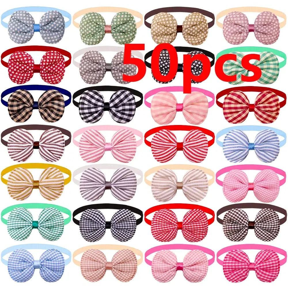 A collection of 50 colorful fabric bow-shaped headbands on elastic bands for small dogs and cats pet grooming accessories
