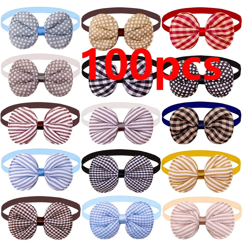 A collection of 100 colorful bow-shaped headbands with gingham stripes and polka dots for small dog and cat accessories