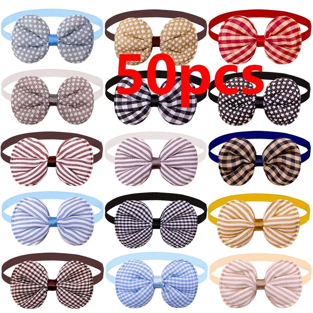 A collection of 50 colorful fabric bow headbands in gingham stripes and polka dots for small dog and cat fashion accessories