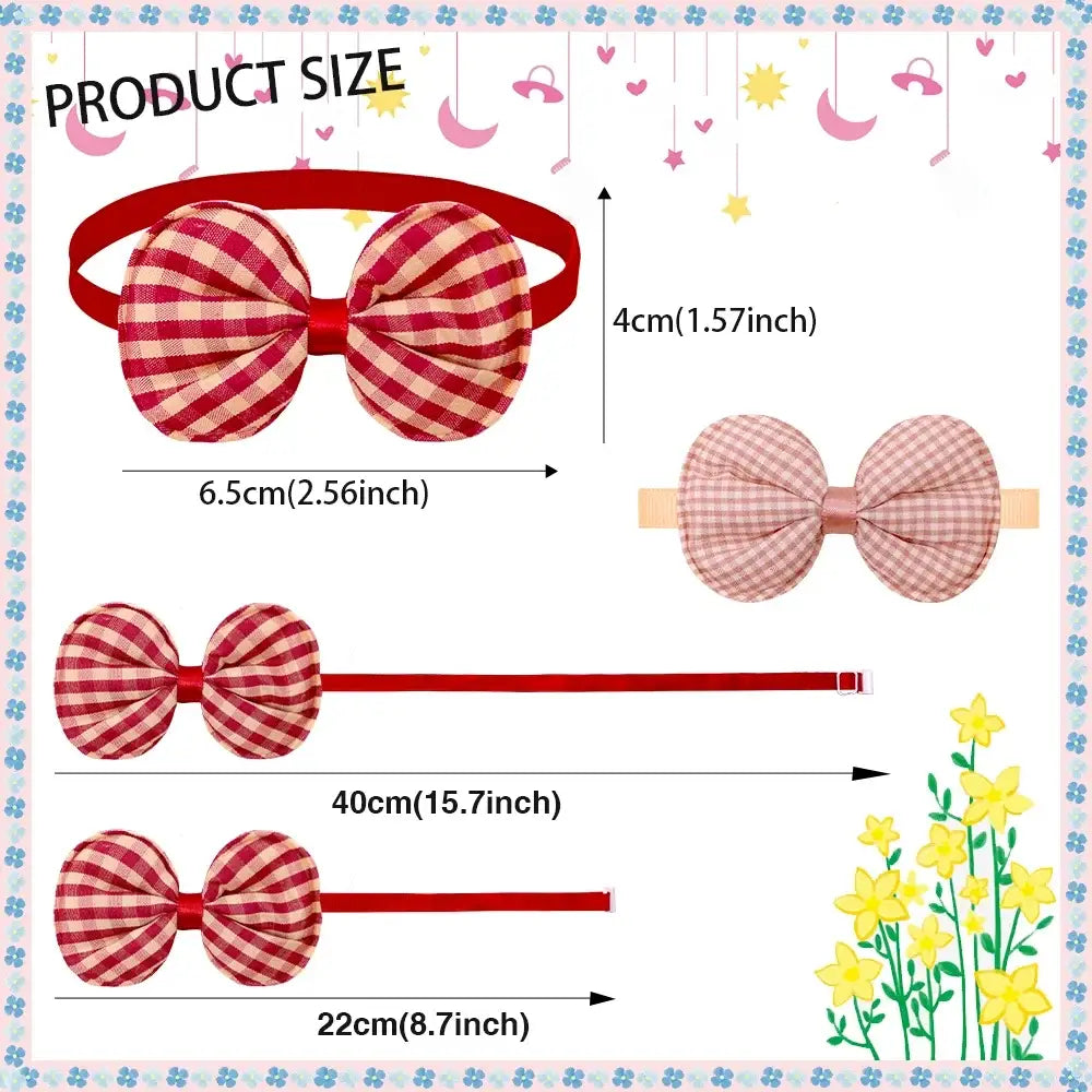 Red and white checkered small dog bow tie with satin ribbon center for pet grooming accessories