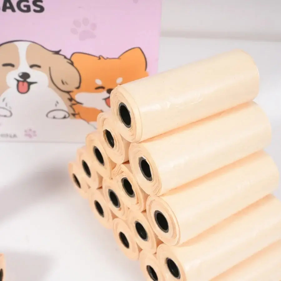 Beige plastic roll of thickened unscented pet waste bags with dispenser and leash clip for dog walking