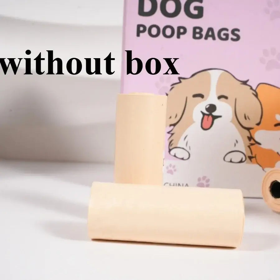 Beige roll of thickened unscented pet waste bags with cartoon puppy design for dog walking with dispenser and leash clip