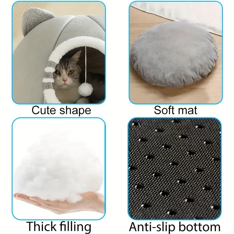 Cozy Plush Cat Cave Bed with Soft Mat