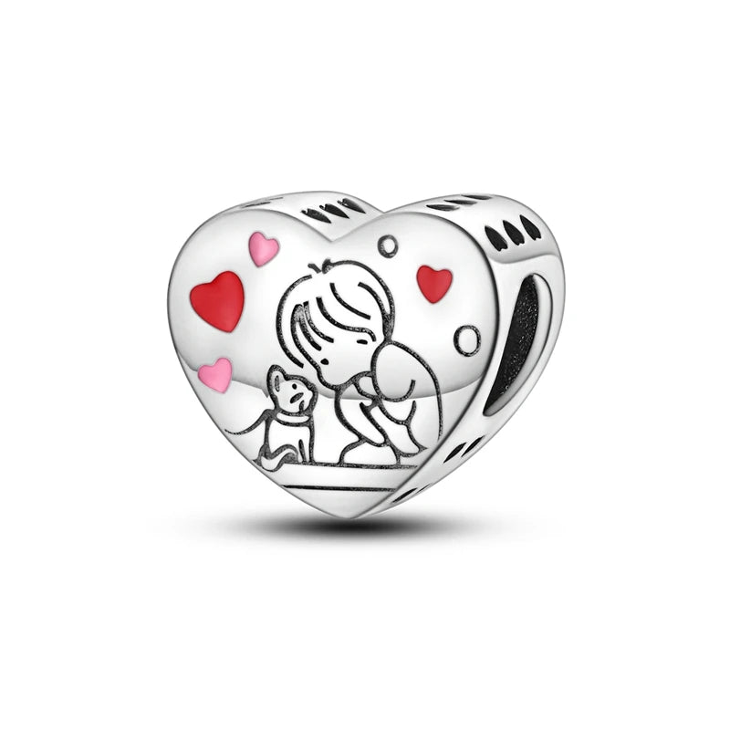 925 Silver Pink Zircon Heart Dog Claw Charm for Bracelets