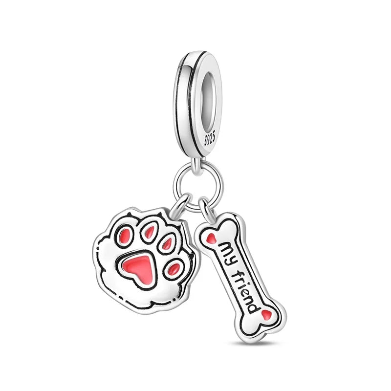 925 Silver Pink Zircon Heart Dog Claw Charm for Bracelets