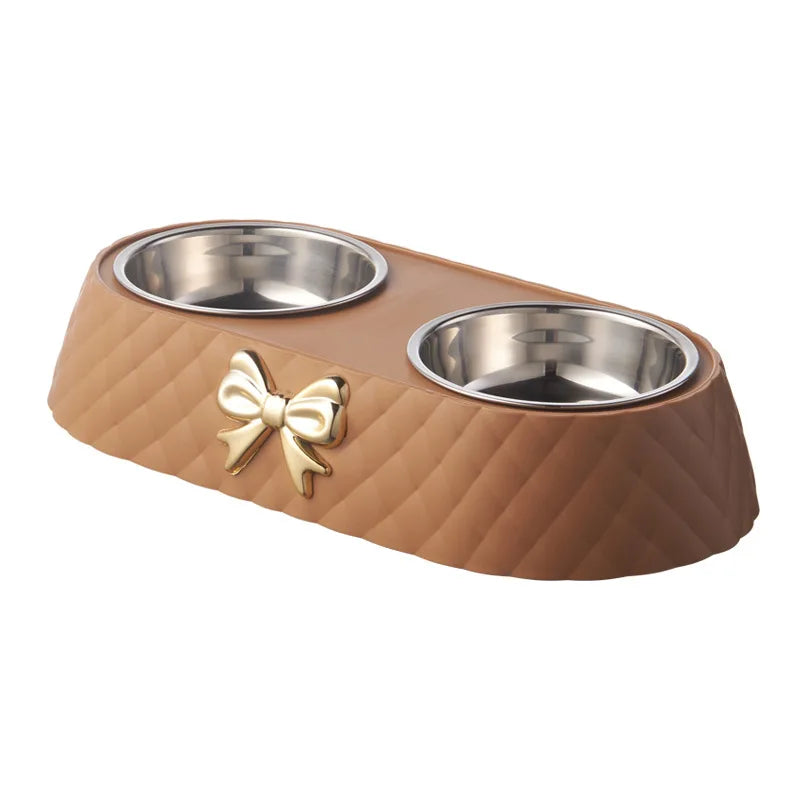 Stainless Steel Double Pet Feeding Bowl with Bowknot PP Base
