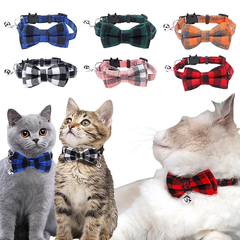 Adjustable Plaid Cat Collar with Bow Tie and Bell