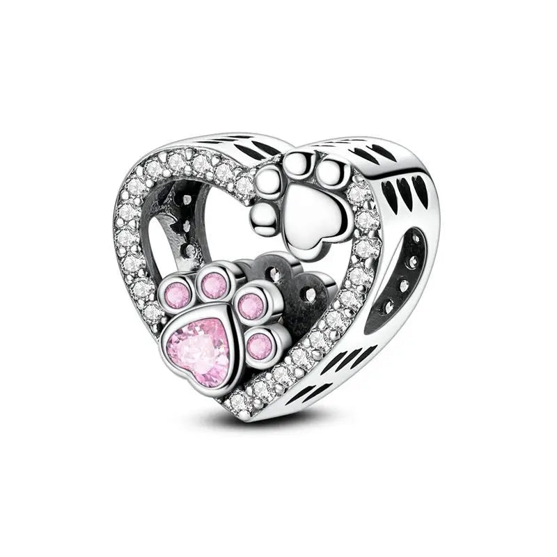 925 Silver Pink Zircon Heart Dog Claw Charm for Bracelets