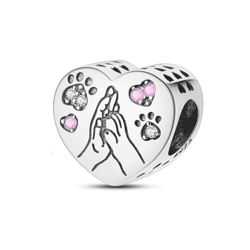 925 Silver Pink Zircon Heart Dog Claw Charm for Bracelets