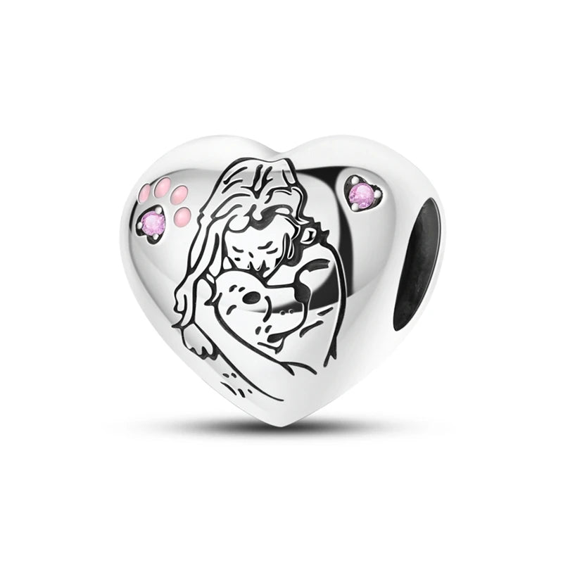 925 Silver Pink Zircon Heart Dog Claw Charm for Bracelets