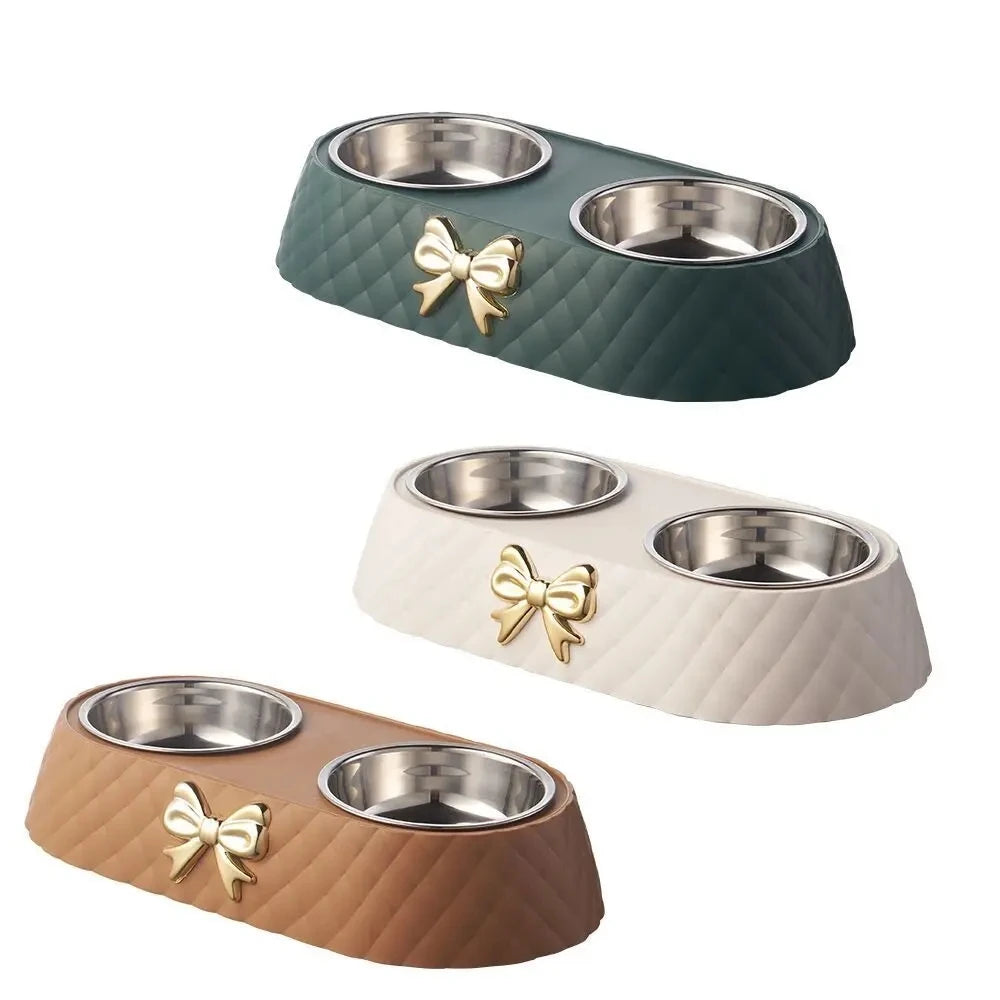 Stainless Steel Double Pet Feeding Bowl with Bowknot PP Base