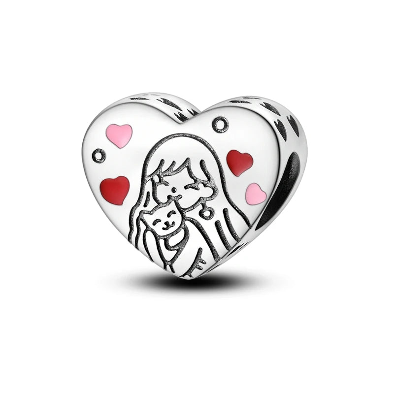925 Silver Pink Zircon Heart Dog Claw Charm for Bracelets