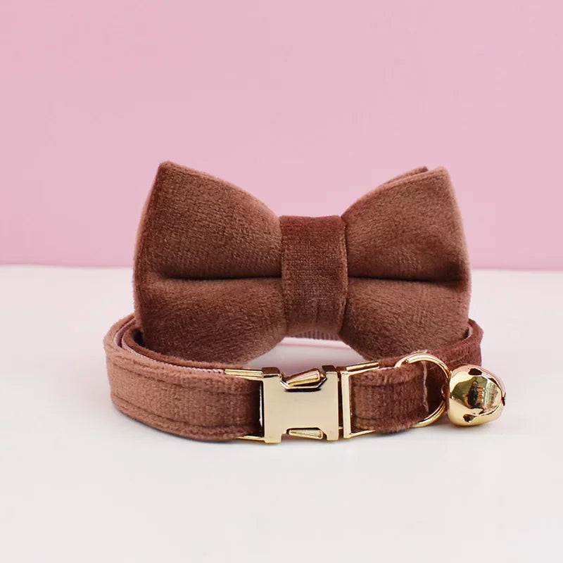 Personalized Velvet Cat Collar with Bow Tie and Name Plate