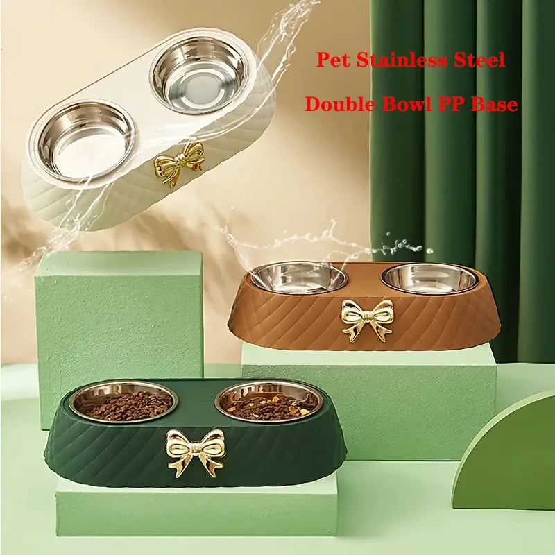 Stainless Steel Double Pet Feeding Bowl with Bowknot PP Base