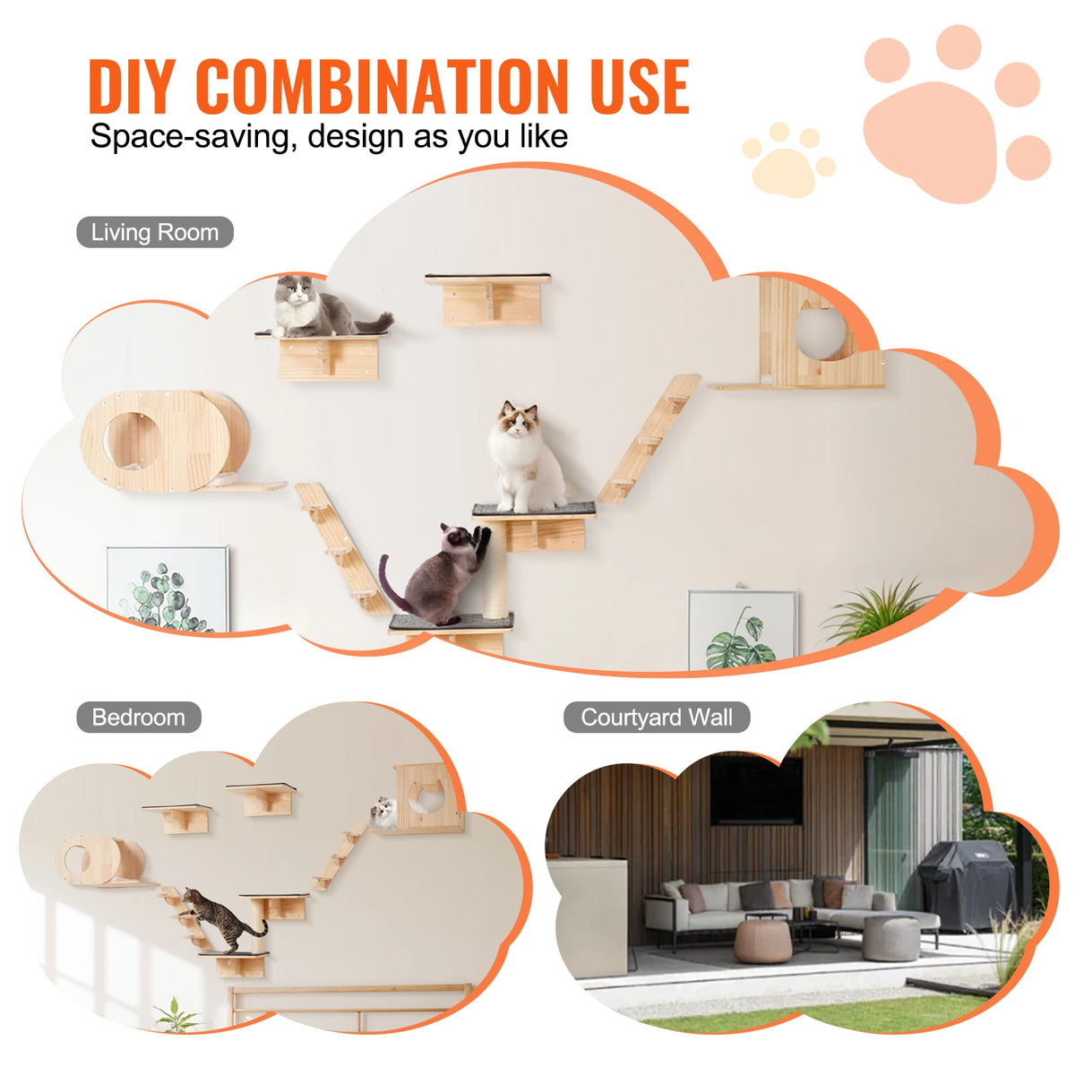SucceBuy Wall Mounted Cat Shelves and Hammock Tree Furniture