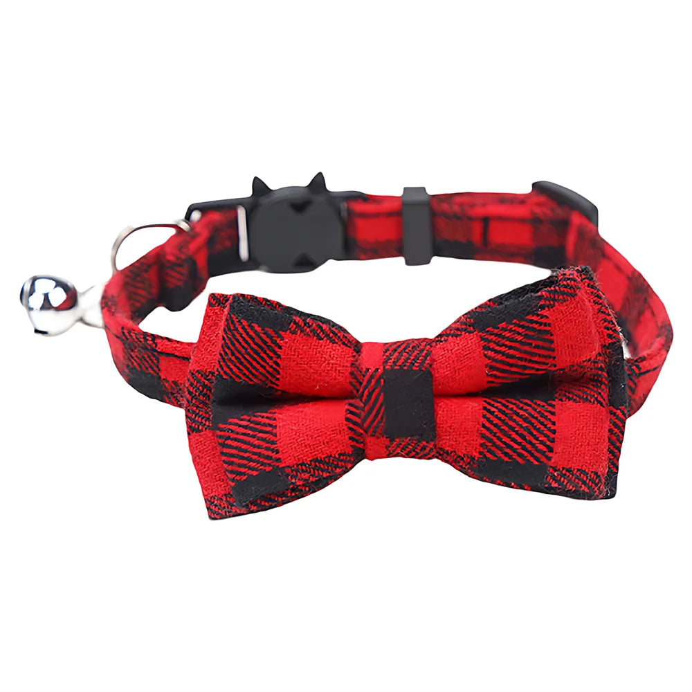 Adjustable Plaid Cat Collar with Bow Tie and Bell