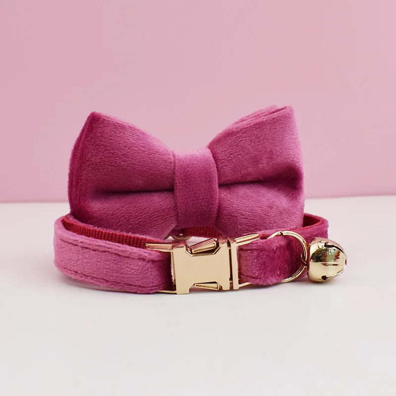 Personalized Velvet Cat Collar with Bow Tie and Name Plate