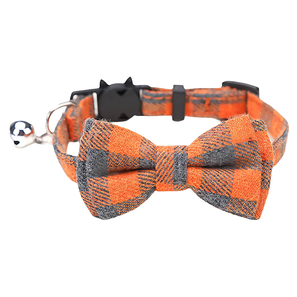 Adjustable Plaid Cat Collar with Bow Tie and Bell