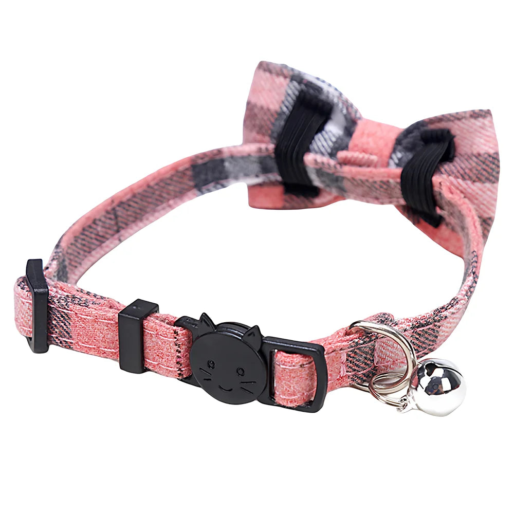 Adjustable Plaid Cat Collar with Bow Tie and Bell