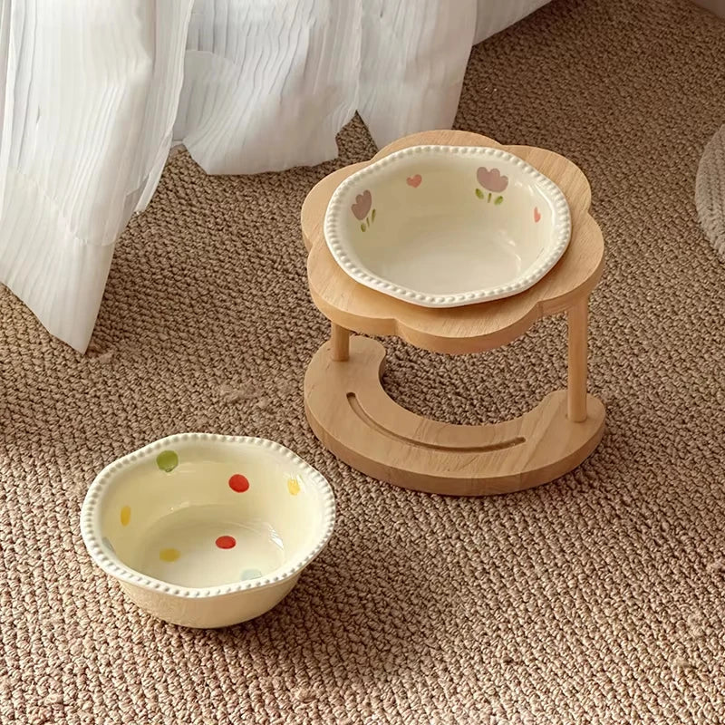 Elevated Wooden Frame Ceramic Pet Bowl