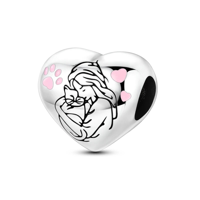 925 Silver Pink Zircon Heart Dog Claw Charm for Bracelets