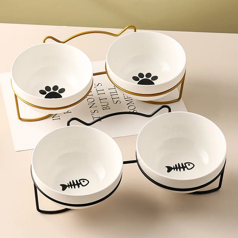 Ceramic Double Cat Bowl with Cervical Protection