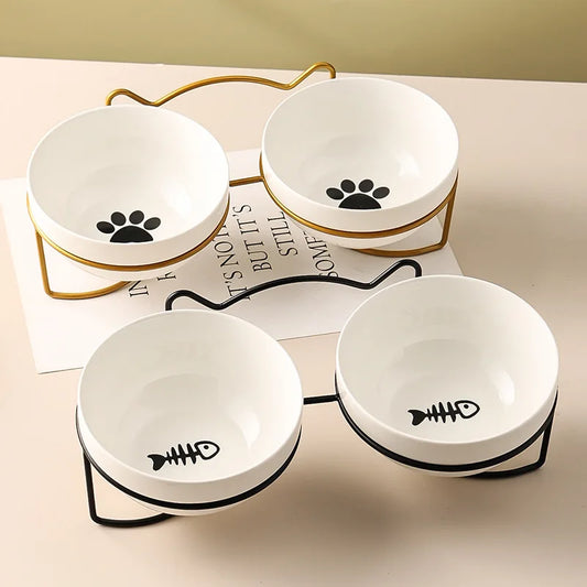 Ceramic Double Cat Bowl with Cervical Protection