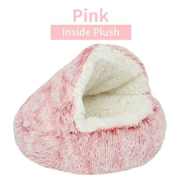 2-in-1 Round Plush Covered Pet Bed and Cave Nest