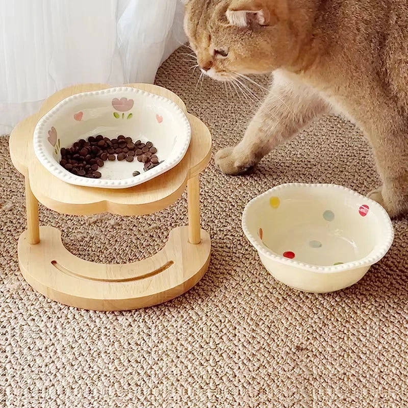 Elevated Wooden Frame Ceramic Pet Bowl