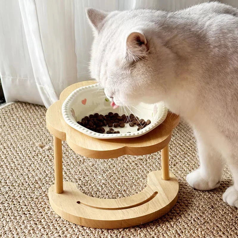 Elevated Wooden Frame Ceramic Pet Bowl