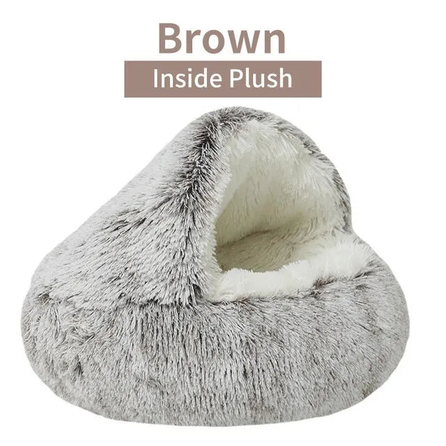 2-in-1 Round Plush Covered Pet Bed and Cave Nest