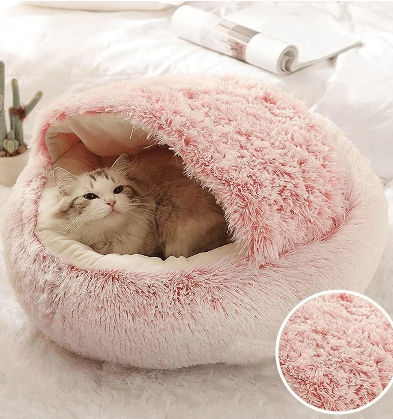 2-in-1 Round Plush Covered Pet Bed and Cave Nest