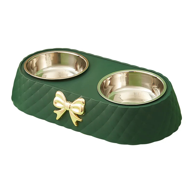 Stainless Steel Double Pet Feeding Bowl with Bowknot PP Base