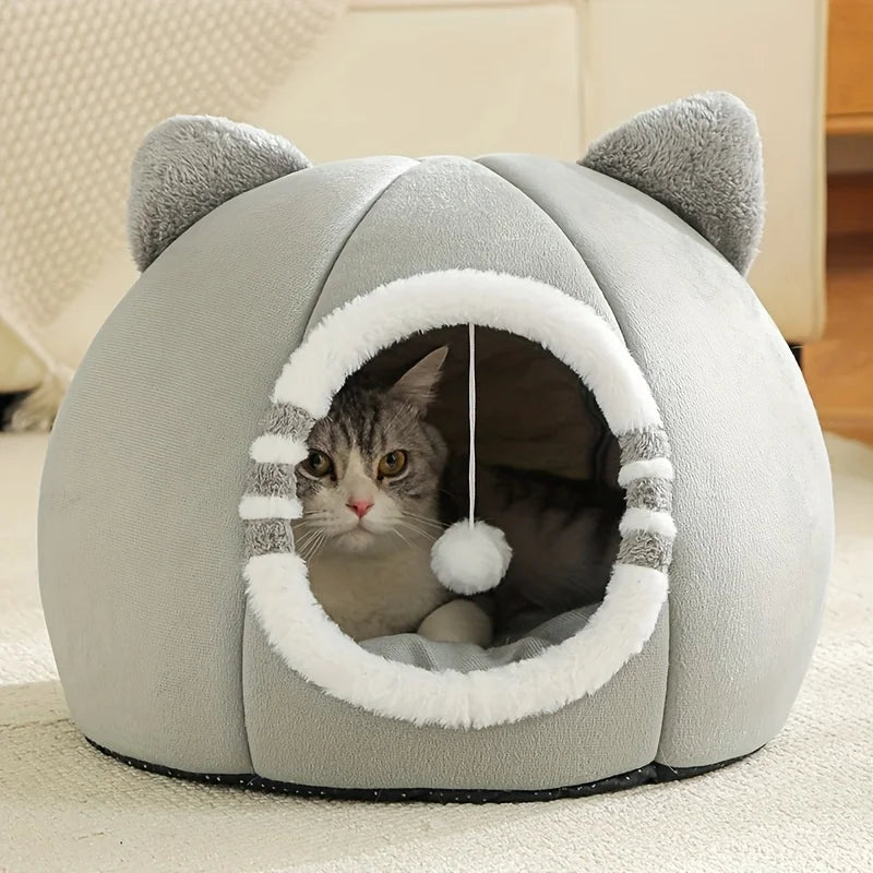 Cozy Plush Cat Cave Bed with Soft Mat