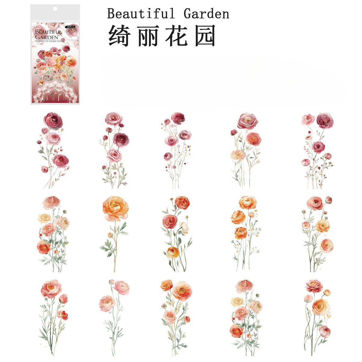 Vintage Floral PET Waterproof Scrapbook Stickers 30 Pack