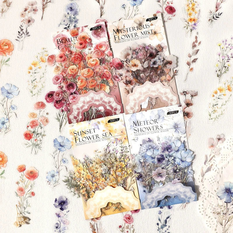 Vintage Floral PET Waterproof Scrapbook Stickers 30 Pack
