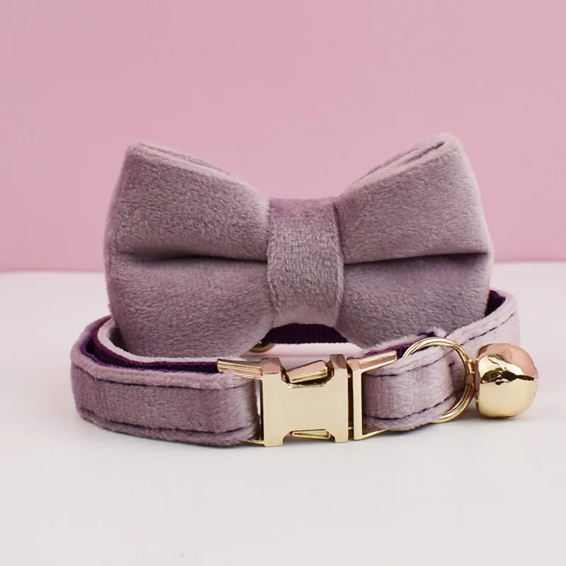 Personalized Velvet Cat Collar with Bow Tie and Name Plate