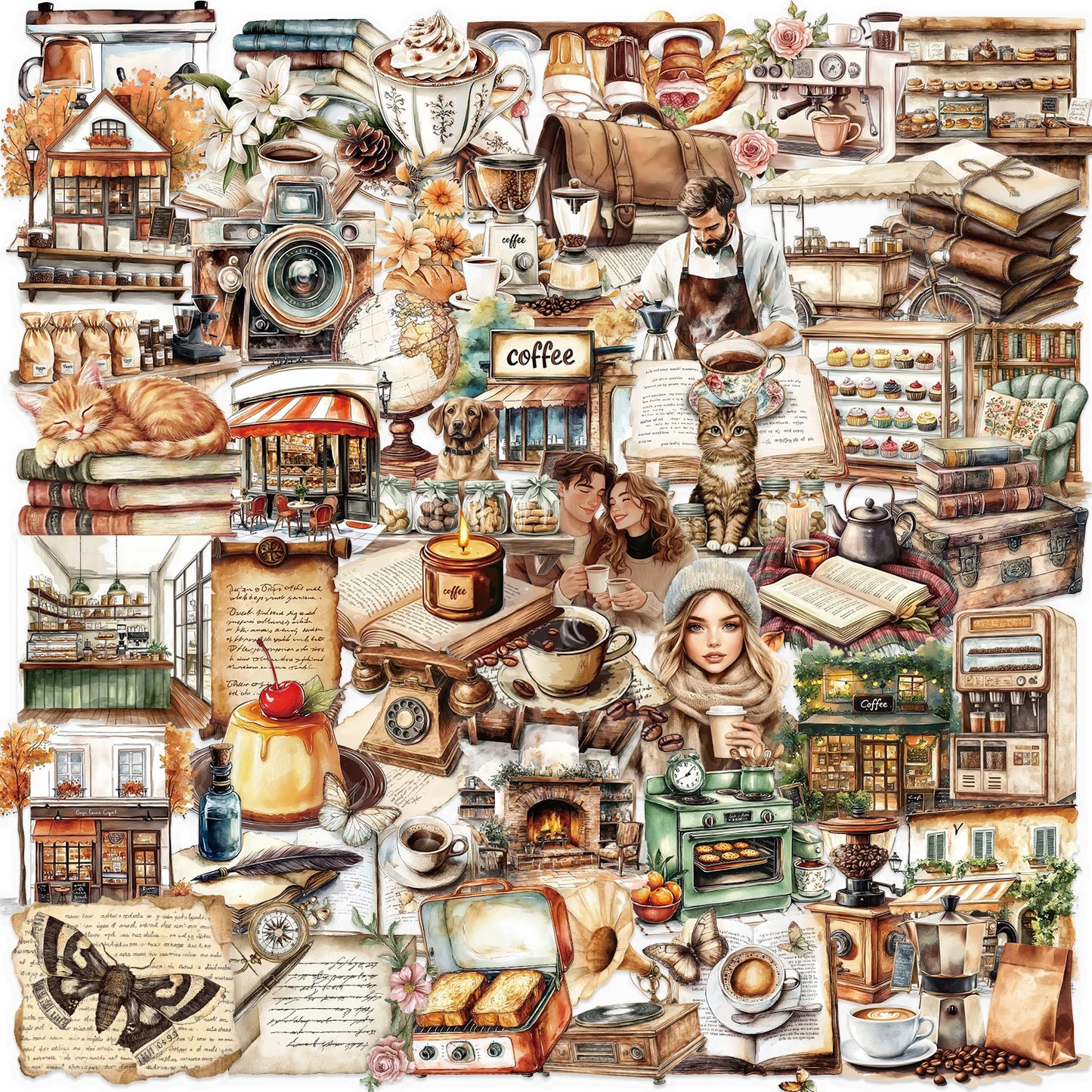 50 Piece Retro Cafe Cartoon Graffiti Stickers for Water Bottles and Laptops